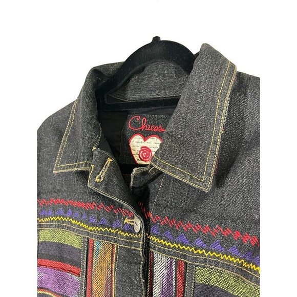 Chicos Denim Jacket M Gray Striped Embroidery Western Aztec Boho Retro 80s Chic - Picture 9 of 16